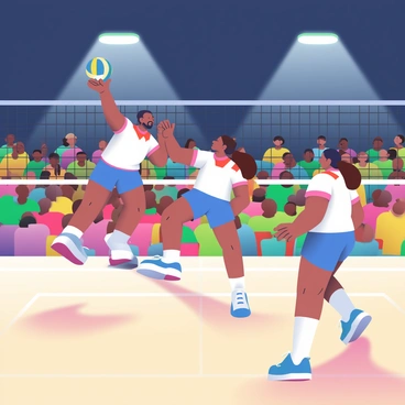 A dynamic volleyball match is occurring in a 3D setting at night, illuminated by bright floodlights. The court is enclosed by a vibrant crowd of spectators, all cheering enthusiastically. Players with varying athletic builds are in action; one player, with a muscular physique and short black hair, is jumping high to spike a ball. Another player, with long brown hair pulled back in a ponytail, is in a defensive stance, ready to receive the ball. The volleyball is in mid-air, reflecting the floodlight. Shadows stretch across the sand court, giving depth to the scene. Brightly colored jerseys and shorts worn by the athletes contrast against the dark sky, enhancing the lively atmosphere of the match.