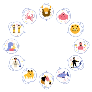 A circular arrangement of the twelve zodiac signs, each represented by a distinct symbol surrounded by intricate patterns. The "Aries" symbol is depicted with ram horns, the "Taurus" symbol features a bull's head, and "Gemini" is represented by two figures. The "Cancer" symbol shows a crab, while "Leo" is illustrated with a majestic lion. "Virgo" is depicted as a maiden holding wheat, "Libra" features balanced scales, and "Scorpio" presents a scorpion. The "Sagittarius" symbol displays an archer with a bow, "Capricorn" is represented by a goat with fish tails, "Aquarius" shows a water bearer pouring water, and "Pisces" consists of two fish swimming in opposite directions. Each symbol is surrounded by constellations and celestial motifs, enhancing the overall representation.