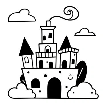 The whimsical moving castle of Howl, featuring a jumble of architectural elements and a roaring chimney.