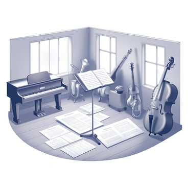 A music room with wooden flooring and soundproof walls. Various musical instruments are neatly arranged throughout the space, including a grand piano, several string instruments, and brass instruments. Sheet music is scattered across surfaces, some pages lying open, displaying notes and lyrics. A conductor's stand is positioned prominently in the center, holding a thick binder of sheet music. The room is well-lit, with natural light streaming in through large windows, illuminating the scene.