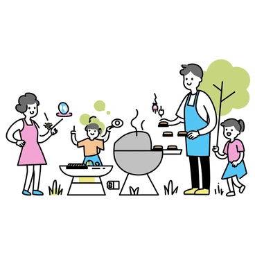 A family gathered in a backyard, enjoying a barbecue on a sunny day. In the center, there is a large, silver grill with smoke rising and food sizzling. A man, wearing a blue apron, is flipping burgers on the grill while a woman, dressed in a red dress, is setting a table with colorful plates and drinks nearby. Two children are playing on the grass, one holding a frisbee and the other reaching for a skewer of grilled vegetables. The sky is clear and bright, with a few trees providing shade in the background.