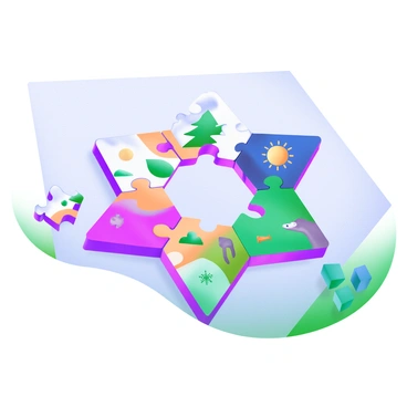 A detailed jigsaw puzzle is laid out on a light, textured surface. The puzzle pieces are interlocking, forming the shape of a large pentagon. Each piece showcases vibrant colors and intricate patterns, with some featuring landscapes, animals, and abstract designs. A few pieces are slightly scattered around the edges of the pentagon, emphasizing the process of assembly. The background is softly blurred, drawing focus to the puzzle in the center.