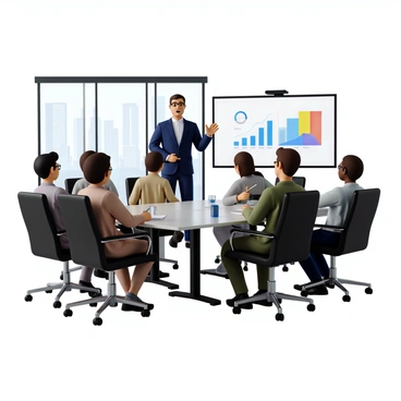 A salesperson with light skin and short brown hair, wearing a navy blue suit and a white shirt, stands confidently at the front of a modern conference room. The room features a sleek glass table surrounded by ergonomic chairs and large windows with city views. The salesperson is gesturing with one hand towards a large digital screen displaying colorful graphs and charts. Their expression is enthusiastic and engaging as they present to a diverse group of listeners seated around the table, taking notes and nodding in agreement. The ambiance is bright, with soft LED lighting illuminating the space.