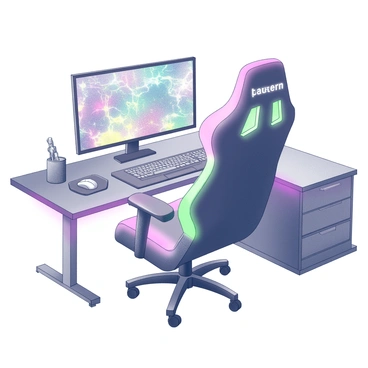 A high-tech gaming chair with an ergonomic design is at the center of the setup. The chair features built-in speakers integrated into the headrest, providing immersive audio. Surrounding the chair, various gaming accessories are neatly arranged, including a modern gaming keyboard and a sleek gaming mouse. A large monitor displays a vibrant game interface, and the desk is equipped with a mouse pad that enhances the gaming experience. The chair has vivid LED lights along its sides, illuminating the area with an eye-catching glow.