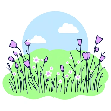A expansive meadow filled with numerous wildflowers swaying gently in the breeze. The flowers are varied in shape and height, creating a vibrant scene. Tall grass surrounds the flowers, adding texture to the landscape. In the background, a clear blue sky stretches overhead, and a few fluffy clouds dot the horizon, enhancing the sense of openness in the meadow.