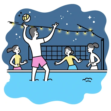 A night-time pool volleyball game is taking place under a clear sky filled with stars. The pool is surrounded by glowing fairy lights strung overhead, casting a soft light on the scene. A group of four players, two men and two women, are engaged in an intense match. One man, wearing red swim trunks, leaps to hit the volleyball over the net. The other players are positioned in the water, ready to react. The water's surface reflects the light from the fairy lights, adding to the enchanting ambiance.
