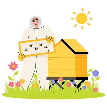 A beekeeper wearing a white protective suit with a veil stands next to a wooden beehive. The beehive has a bright yellow exterior and is surrounded by colorful flowers in a sunlit garden. The sun casts gentle light, illuminating the vibrant petals of the flowers. The beekeeper is holding a frame filled with buzzing bees, showcasing the activity of the hive. Green grass fills the foreground, adding to the lively garden atmosphere.
