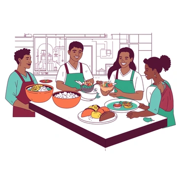 A group of factory workers of different ethnicities gathered around a large, rectangular table during their lunch break. The workers are sharing various traditional dishes represented in colorful containers and plates. One worker, of Asian descent, is serving rice and stir-fried vegetables from an orange container, while another worker, of Hispanic descent, shares tacos from a teal platter. A third worker, who is African American, is holding a bowl of collard greens. Conversations are lively, with smiles and gestures indicating a warm exchange of stories about their cultural traditions. In the background, the factory setting is visible, with machinery and tools indicating a busy work environment.