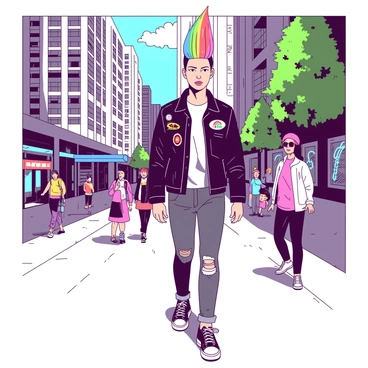 A person with a tall, rainbow-colored mohawk is walking confidently along a bustling city sidewalk. They are wearing a black leather jacket adorned with various pins and patches, paired with ripped jeans and colorful sneakers. The cityscape in the background features tall buildings with glass windows reflecting sunlight, as well as a few trees along the street. People in the vicinity are engaged in various activities, some looking curiously at the person with the mohawk. Brightly colored street art is visible on nearby walls, adding vibrancy to the urban setting.