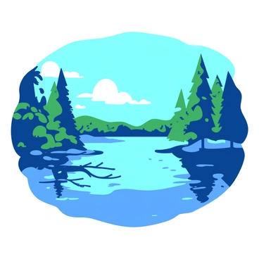 A tranquil lake reflects the clear blue sky above. The surface of the water is smooth and mirrors the vibrant blue. Surrounding the lake are tall green trees with lush foliage, their colors contrasting against the blue of the sky. Some branches extend over the water, creating gentle shadows on the lake's surface. The scenery conveys a sense of peace and harmony in nature.