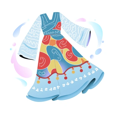 A fashion design showcases a flowing dress adorned with intricate traditional ethnic patterns. The dress features vibrant colors, including deep reds, rich blues, and bright yellows, arranged in geometric shapes and swirls. The fabric drapes elegantly, with layered textures that create depth. There are embellishments such as beads and tassels along the hem and sleeves, enhancing the traditional feel. The background includes a subtle pattern that echoes the designs of the dress, creating a cohesive visual experience.