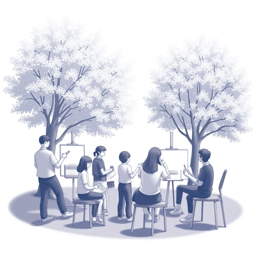 A group of students is engaged in a painting class, each working on their own canvas. They are positioned outdoors, surrounded by lush cherry trees in full bloom. The trees are adorned with delicate flowers that create a picturesque backdrop. Each student is focused on capturing the beauty of the cherry trees, with brushes in hand and palettes nearby. Some students are seated on portable stools, while others stand to get a better view of their subjects. The sunlight filters through the branches, casting gentle shadows on the ground and the students' canvases.