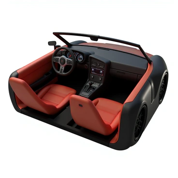 A sports car interior featuring vibrant red racing seats with black accents, designed for high performance and comfort. The sleek dashboard displays a series of advanced digital gauges and controls. A futuristic steering wheel, equipped with touch-sensitive buttons and a streamlined design, sits prominently in front of the driver’s seat. Soft ambient lighting illuminates the interior, enhancing the modern look. The car's interior also showcases carbon fiber accents and a minimalist center console layout.