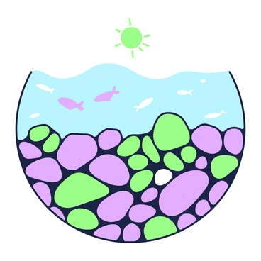 A mosaic of river stones is visible beneath the surface of a flowing river. The stones vary in size and shape, creating a natural pattern on the riverbed. Clear water flows gently over the stones, casting soft reflections. Small fish swim gracefully among the stones, their bodies gliding through the water. Sunlight filters through the surface, illuminating the scene and enhancing the clarity of the water above the vibrant mosaic below.