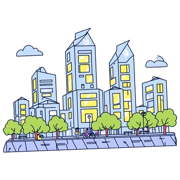 A detailed architectural drawing of a modern cityscape featuring tall skyscrapers with glass facades reflecting sunlight. The buildings are designed with sharp angles and unique geometric shapes. In the foreground, there are trees lining a wide street, with people walking and bicycles parked nearby. The sky is clear, and fluffy clouds are scattered. The ground is covered with a grid pattern representing pavement. There are some benches and streetlights present along the pedestrian walkways.