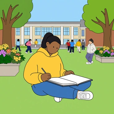 A young student with medium skin tone and black hair tied in a ponytail is sitting on a vibrant green lawn in a lively university campus courtyard. The student is wearing a yellow hoodie and blue jeans. They are focused on drawing in a large open sketchbook resting on their lap. Around them, students of different backgrounds are walking, chatting, and sitting on benches, creating a dynamic atmosphere. Colorful flowers are blooming in nearby garden beds, and several tall trees provide shade. In the background, there is a modern university building with large windows and a bright blue sky above.
