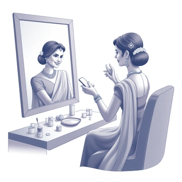 A modern Indian bride sits in front of a mirror, surrounded by her wedding attire and accessories. She wears intricate jewelry, including a necklace and earrings, which reflect traditional designs. Her hair is elegantly styled, adorned with small flowers and decorative pins. The bride holds a smartphone in her right hand, casually chatting while glancing at her reflection. The makeup artist is applying finishing touches to her makeup, with various beauty products organized on a nearby table. The atmosphere captures the blend of modernity and tradition in her preparation for the wedding day.