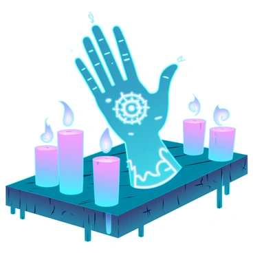 A glowing hand of glory, detailed with intricate carvings and a shimmering, ethereal light radiating from within. It is positioned prominently on a rustic wooden table with a weathered finish, showcasing its texture. Surrounding the hand are several flickering candles, each casting soft, dancing shadows that enhance the mystique of the scene. The candles vary in size and shape, some with dripped wax trailing down their sides, creating an atmospheric interplay of light and shadow.