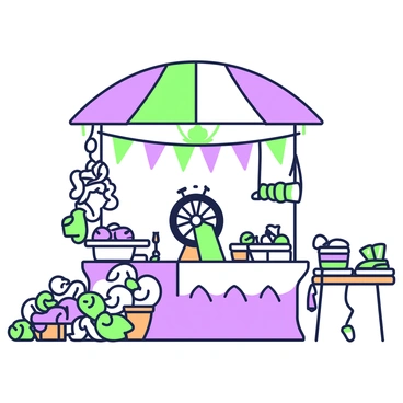 A lively marketplace stall is set up under a colorful canopy. At the center, there is an intricate spinning wheel that showcases the process of creating yarn. Surrounding the wheel are bundles of handmade yarn in various textures and thicknesses, each neatly organized. The yarn is displayed in baskets made of woven materials. To the right, a small wooden table holds an array of finished knitted items, such as hats and scarves, inviting customers to browse. Brightly colored banners hang above the stall, adding a festive atmosphere to the scene.