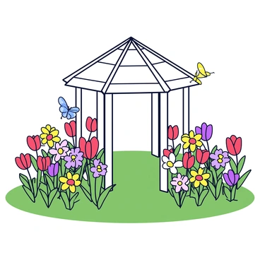 A spring garden in full bloom filled with a variety of flowers, including tulips, daffodils, and daisies in vibrant colors of red, yellow, and purple. In the center of the garden stands a white gazebo with a simple, elegant design. The gazebo has a sloping roof and open sides, allowing the sunlight to filter through. The ground is covered with lush green grass, and butterflies can be seen fluttering around the flowers.