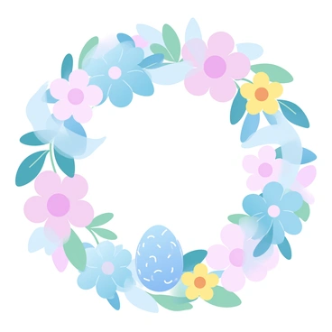 A round wreath is composed of various pastel flowers, including pink, blue, and yellow blooms. The flowers are arranged densely with green leaves interspersed throughout. A soft, flowing ribbon in pastel shades is woven through the wreath, adding an elegant touch. Nestled within the flowers is a small Easter egg, decorated with delicate patterns in complementary pastel colors. The egg is partially hidden among the blooms, blending harmoniously with the overall design of the wreath.