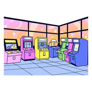 An arcade with colorful game machines arranged neatly along the walls. The windows of the arcade are large and framed in black, allowing warm orange and pink hues of the sunset to filter in. The floor is polished and reflects the glow from the light outside. Some game machines have blinking lights and screens displaying various games. In one corner, there is a small prize area with plush toys visible through a glass case.