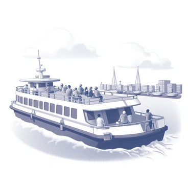 A colorful ferry making its way across the harbour, with passengers enjoying the view.