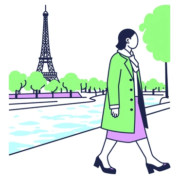 Simone Veil is walking along the Seine River, her posture confident and dignified. She is wearing a tailored coat that falls just above her knees, with a scarf elegantly draped around her neck. The scenic river flows beside her, with small waves lapping at the banks. In the background, the Eiffel Tower rises majestically, its intricate lattice structure defined against the sky. Trees line the riverbank, their leaves subtly framing the view. The soft ripples of the water reflect the iconic landmark, completing the picturesque scene.