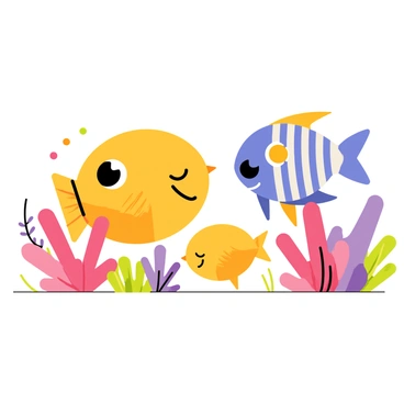 A happy cartoon fish family consisting of three colorful fish, swimming joyfully together near a vibrant coral reef. The largest fish is bright orange with big, expressive eyes, while the medium-sized fish is a cheerful blue with a striped pattern. The smallest fish is a playful yellow with small fins. They are surrounded by various coral formations in shades of pink, purple, and green, with small bubbles rising from their playful movements. Tiny aquatic plants sway gently in the water, completing the lively underwater scene.