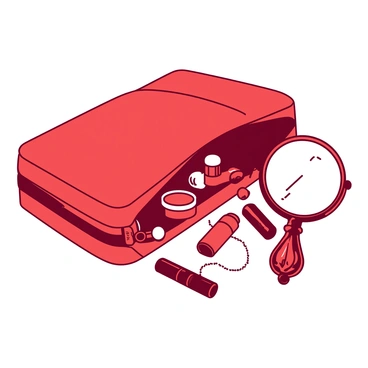 A red vintage purse is lying open on a white surface, spilling out an array of classic cosmetics. There are several small glass containers of bright-colored lipsticks, a round compact with a white powder puff, and a tube of mascara. Next to the purse, there is a hand mirror with an ornate vintage design, reflecting soft light. The contents are arranged in a slightly chaotic yet visually appealing manner, showcasing the nostalgia of classic beauty products.