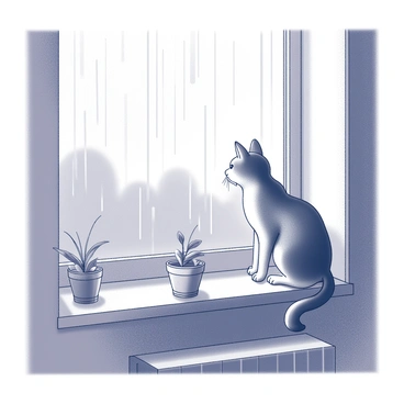 A cat sitting on a windowsill. The cat is looking out the window, observing the rain falling outside. The windowsill is decorated with small potted plants. Raindrops are streaking down the glass, creating a blurred view of the outside world. The room is cozy, with soft light coming from an overhead lamp, casting gentle shadows around the feline. The cat's ears are perked up, and its tail is curled around its paws, indicating its focused attention on the rainfall.