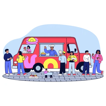 A vibrant food truck with a bright red exterior and large, colorful graphics showcasing various dishes. The truck has an open window where a friendly chef is serving food. In front of the truck, a diverse group of people are eagerly waiting in line. There are individuals of different ages and ethnicities, some checking their phones and others chatting excitedly. Scattered around are small tables with people enjoying their meals, and the ground is paved with gray cobblestones. Above, a clear blue sky adds to the lively atmosphere.