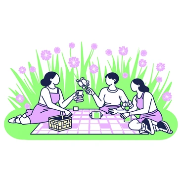 A group of four friends is enjoying a picnic in a flower garden filled with a variety of blooming flowers. In the center, there is a checkered picnic blanket spread out on the grass, with a woven picnic basket placed on one side. The friends are sitting on the blanket, with two of them laughing and sharing a sandwich. One friend is pouring juice into cups, while another is examining a bouquet of flowers nearby. The garden is lush with a colorful array of flowers, with tall green grass surrounding the blanket, enhancing the lively atmosphere of the picnic.