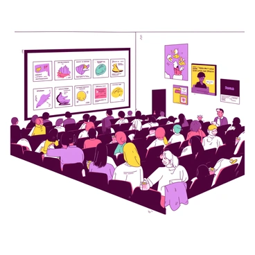 A white theater filled with students sitting in rows, all facing a large screen displaying colorful short films. The audience comprises diverse students, including individuals with varying hairstyles and outfits, some taking notes while others are laughing. The setting is illuminated by a warm yellow light that casts soft shadows across the room. There are popcorn buckets and drinks placed on the armrests of the seats. The walls of the theater are adorned with framed posters of previous film events and a small red curtain is drawn behind the screen.