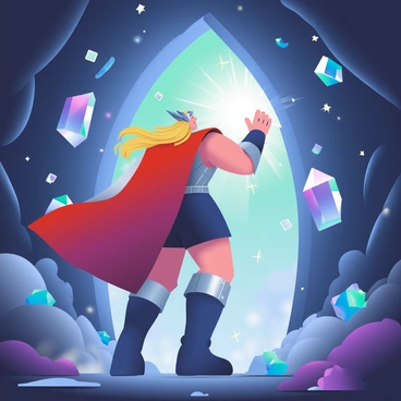 Thor, a tall figure with long, flowing hair and a red cape, stands at the entrance of a mystical cave. His muscular build is accentuated by his metallic armor, which glistens under the light of the cave. Inside, the cave walls are covered in an array of vibrant, glowing crystals that emit a soft blue and purple light, illuminating the dark surroundings. Thor's eyes widen in awe as he reaches out towards a particularly large crystal that radiates a brilliant light. The ground is uneven, scattered with smaller crystals that reflect the glowing colors, creating a magical ambiance. Mist swirls around his feet, adding an air of mystery to the scene.