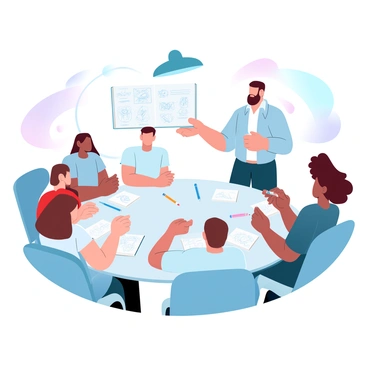 An illustration tutor is standing at a round table, discussing concepts with several students seated around it. The tutor is gesturing towards a large sketchbook that is open and filled with various drawings. The students, each holding their own sketchbooks, are looking at the illustrations and sharing ideas. Colorful sketches and rough drafts are scattered across the table, along with pencils and markers. A bright lamp illuminates the scene, highlighting the vibrant colors of the sketches.