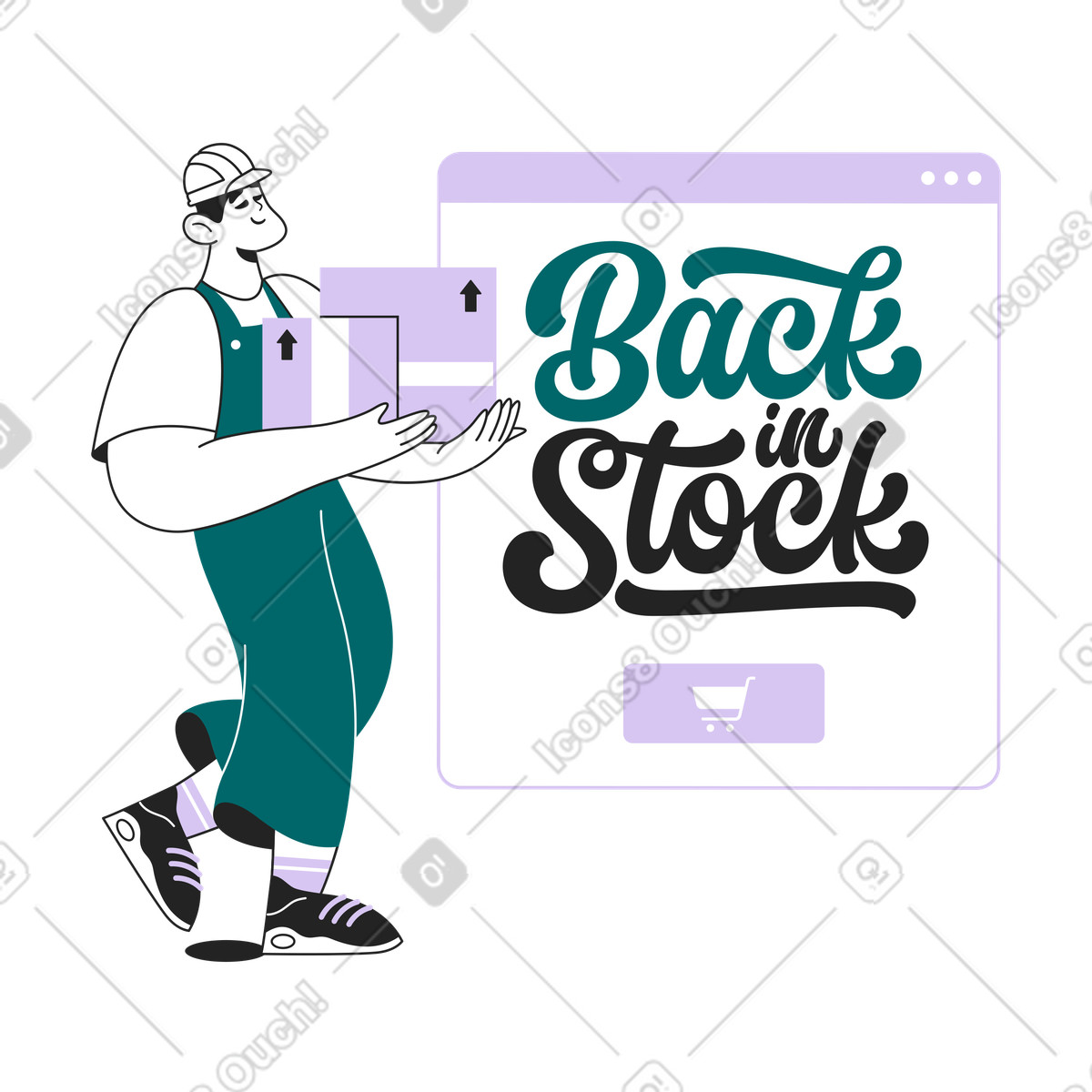 Ilustración Letras de nuevo en stock con un hombre del texto almacén estilo Sammy Line a descargar PNG y SVG