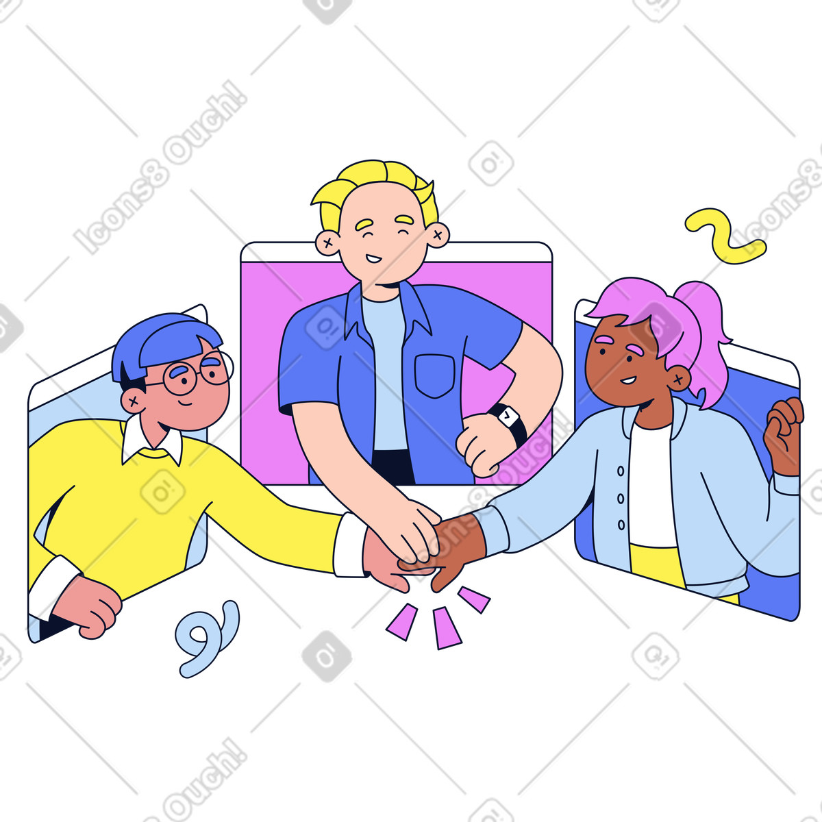 Team meeting online and celebrating success illustration in Flexy style download in PNG, SVG