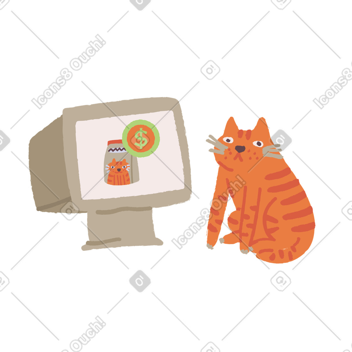 Cat buying its own food through online market illustration in Ginger style download in PNG, SVG
