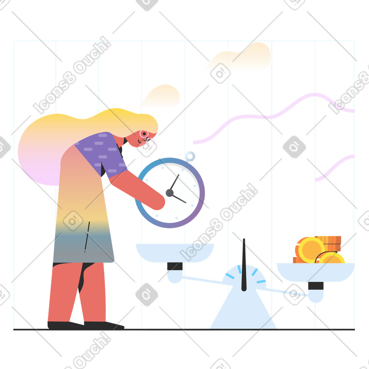 Fair pay with woman placing her time on scale illustration in Marginalia style download in PNG, SVG