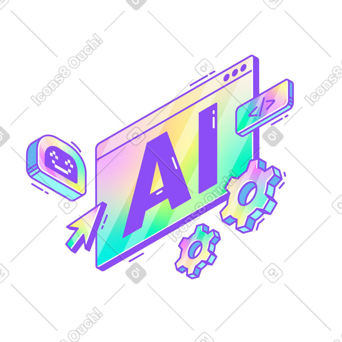 Illustration Lettrage ai avec tête de robot, engrenages et texte signe code dans le style Holographic à télécharger aux formats PNG, SVG