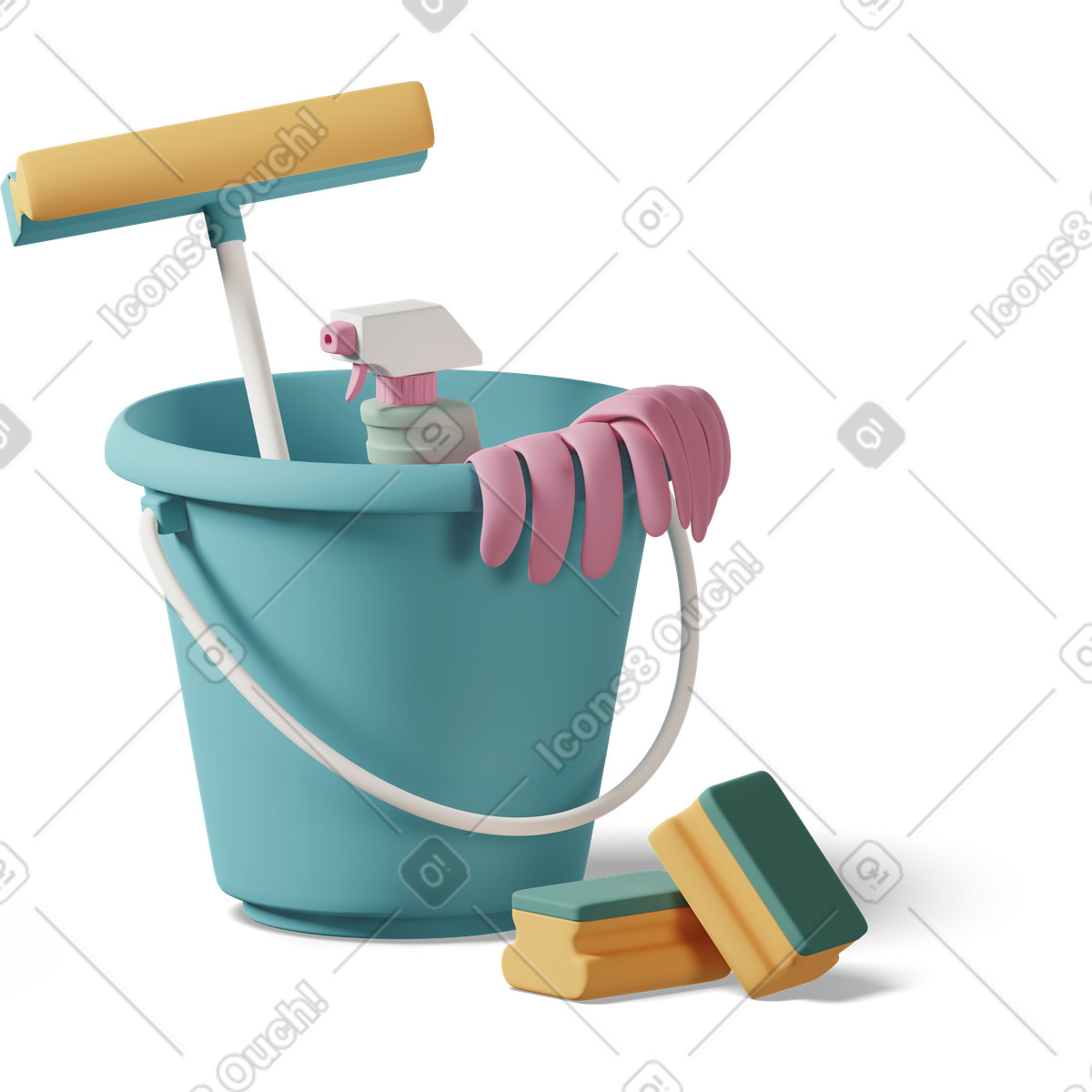 Illustration Bucket with cleaning supplies and sponges dans le style 3D Casual life à télécharger aux formats PNG, SVG
