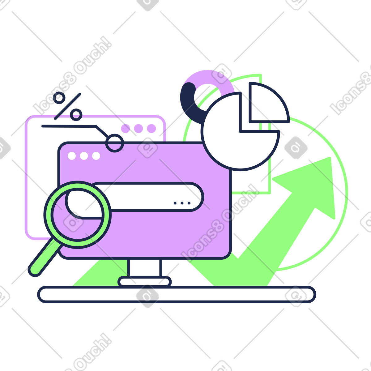 SEO analytics on computer screen, Online traffic and growth monitoring illustration in Outline style download in PNG, SVG