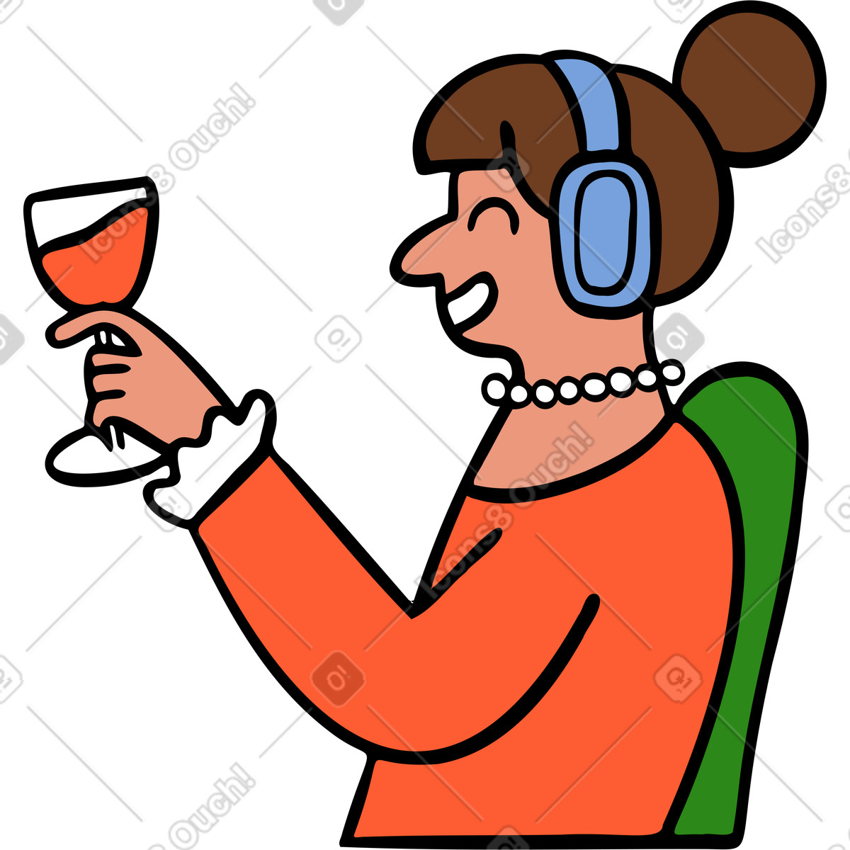 Donna seduta con le cuffie e un bicchiere di vino illustrazione in stile Comic scarica in PNG, SVG