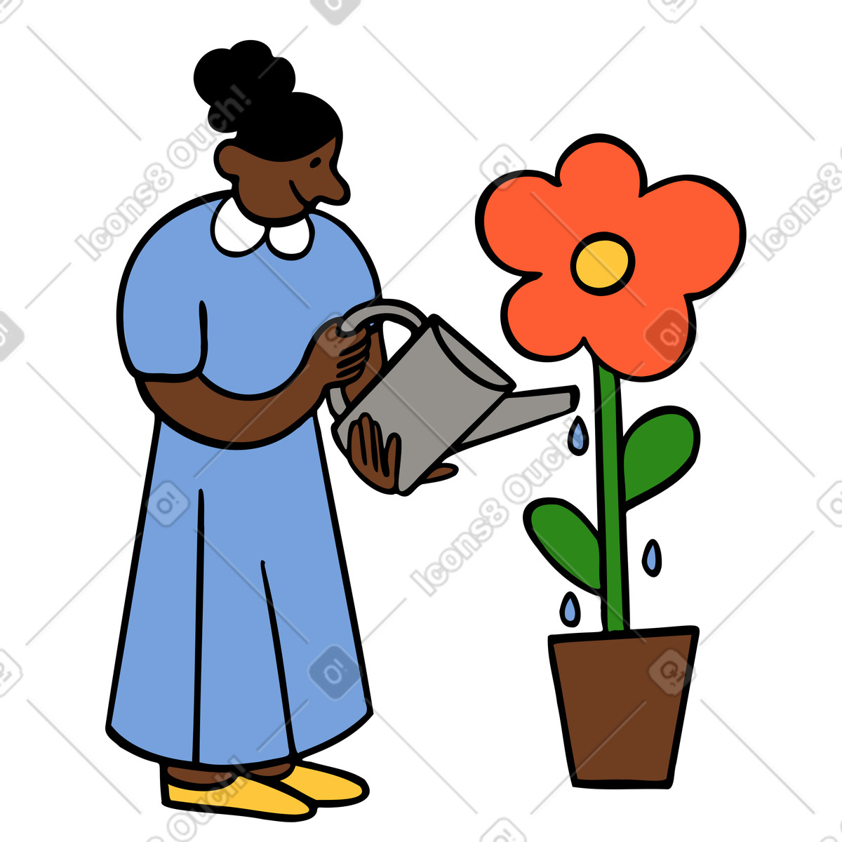 Ilustración Mujer regando una flor enorme con regadera en estilo Comic a descargar en PNG y SVG