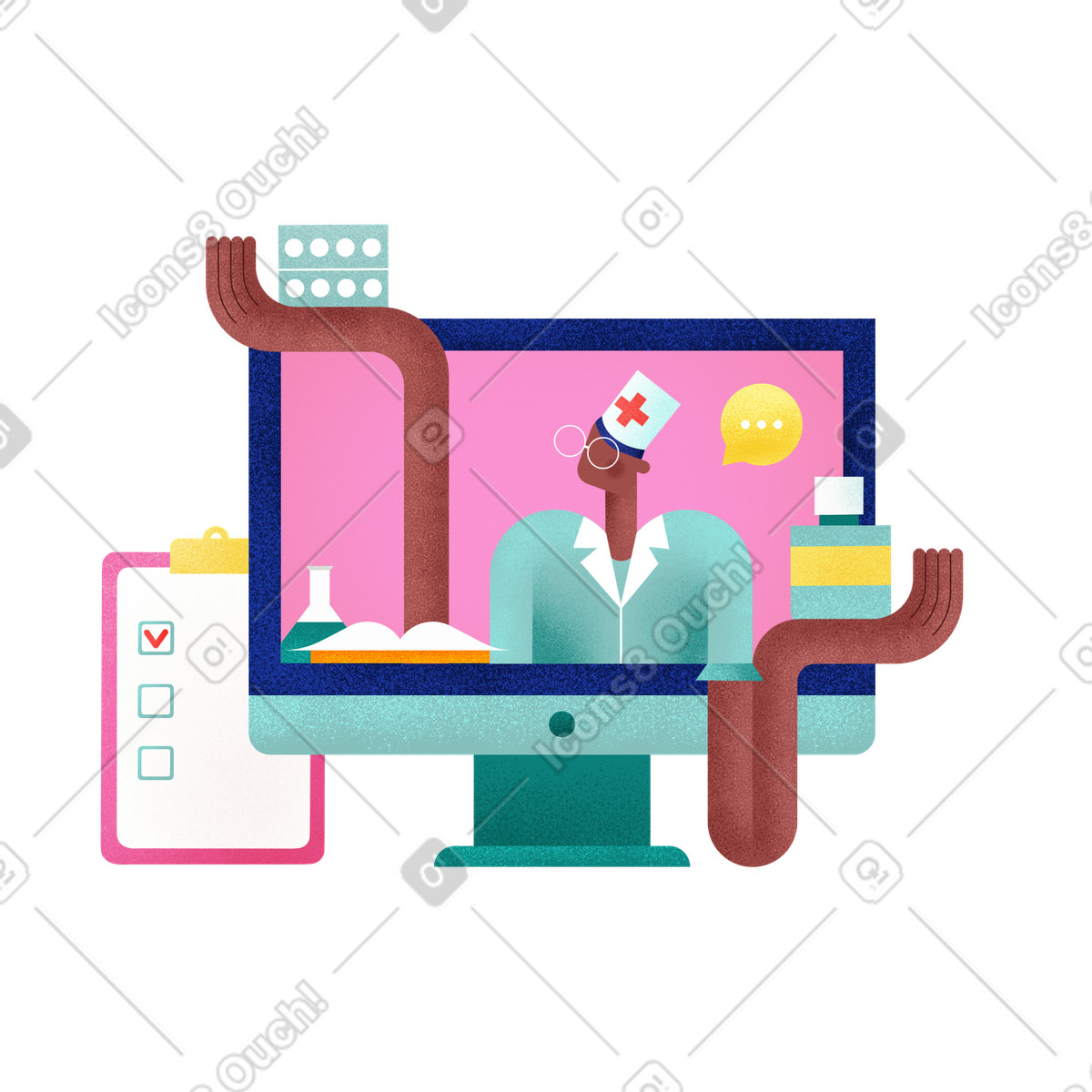 Illustration Telemedicine appointment and advice, Remote diagnosis treatment guidance dans le style Willowy à télécharger aux formats PNG, SVG