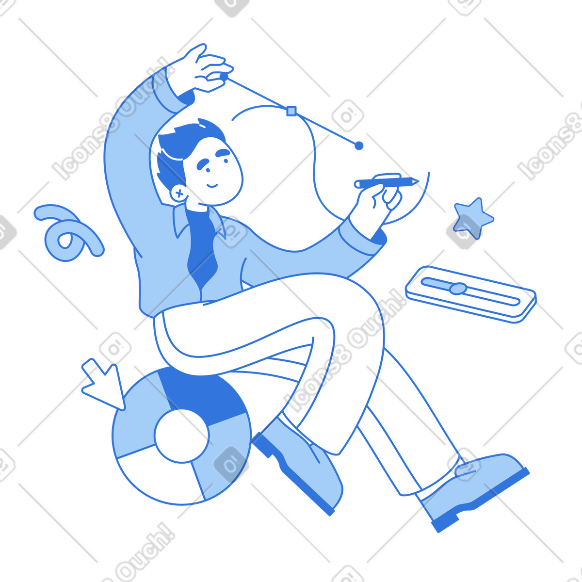 Web designer che lavora con la curva di bézier, illustrazione digitale e progettazione dell'interfaccia utente, strumenti editing grafico professionale in stile Sky scarica in PNG, SVG