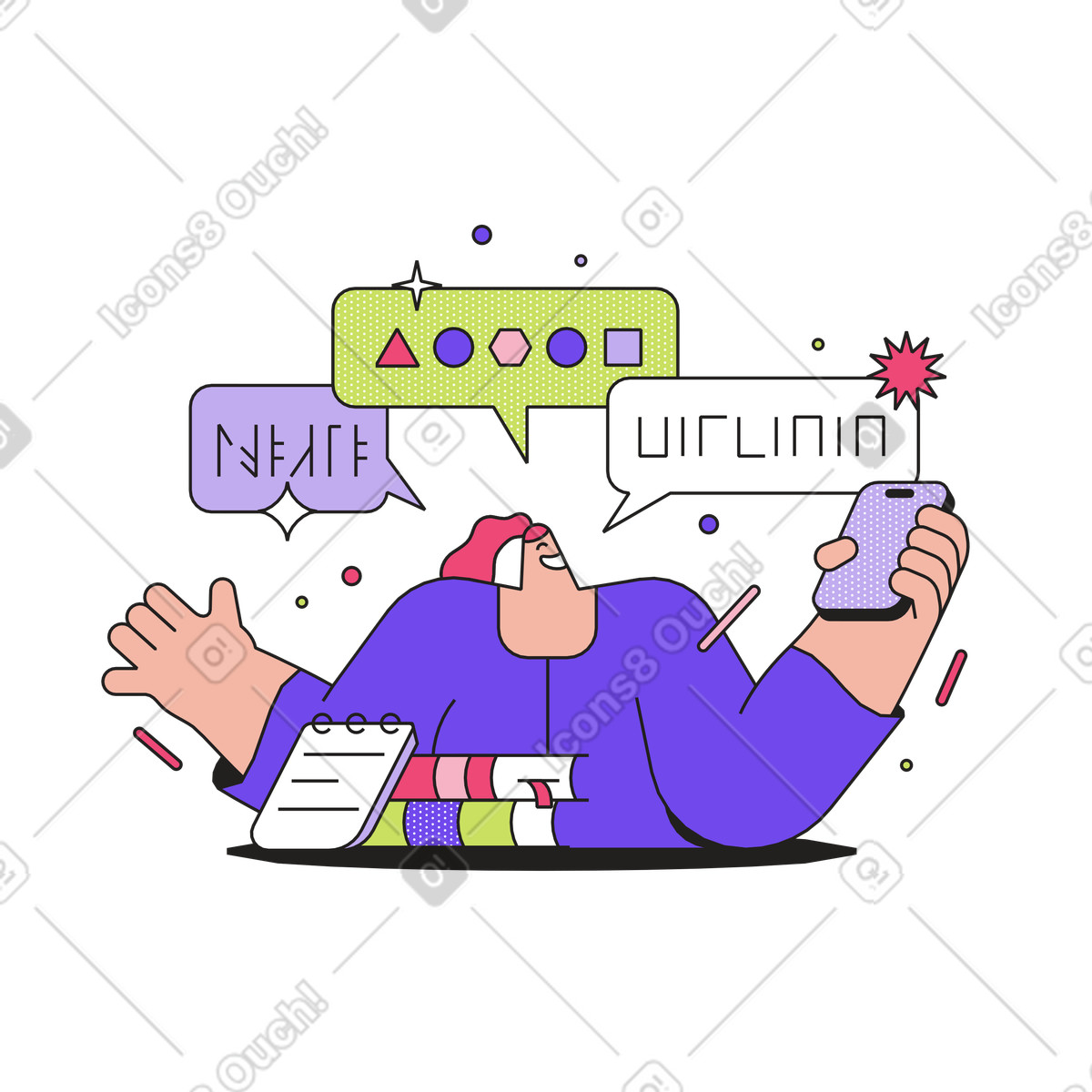 Learning languages online with smartphone, Remote language skills development illustrazione in stile Dazzle scarica in PNG, SVG