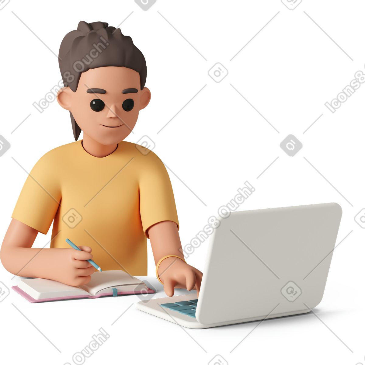 Girl with laptop making notes illustration in 3D Casual life style download in PNG, SVG