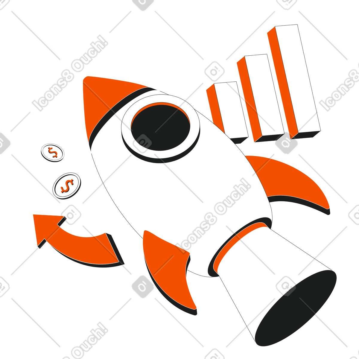 Ilustración Lanzamiento de startups con cohetes y métricas en estilo Strict a descargar en PNG SVG